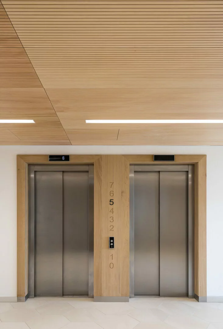 Le Themis – Paris 17 - Dalles de plafond AB Pano en contre-plaqué peuplier ignifugées finition UV - Woodenha Industries